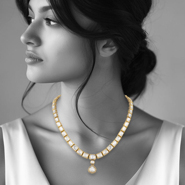 Square Polki Linear Necklace with Drop Pendant